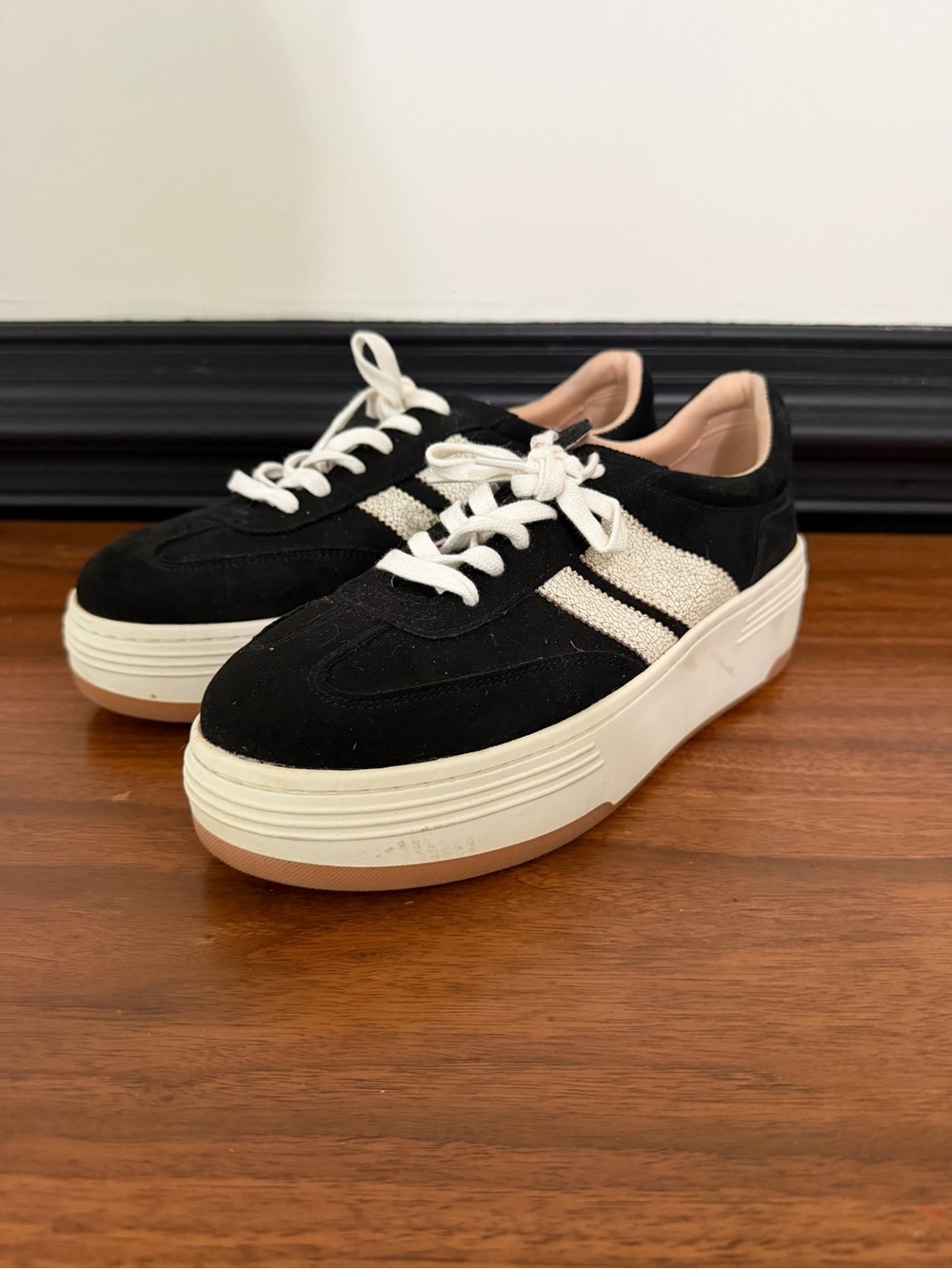 Steve Madden Black Suede Platform Sneakers with Cream Stripes